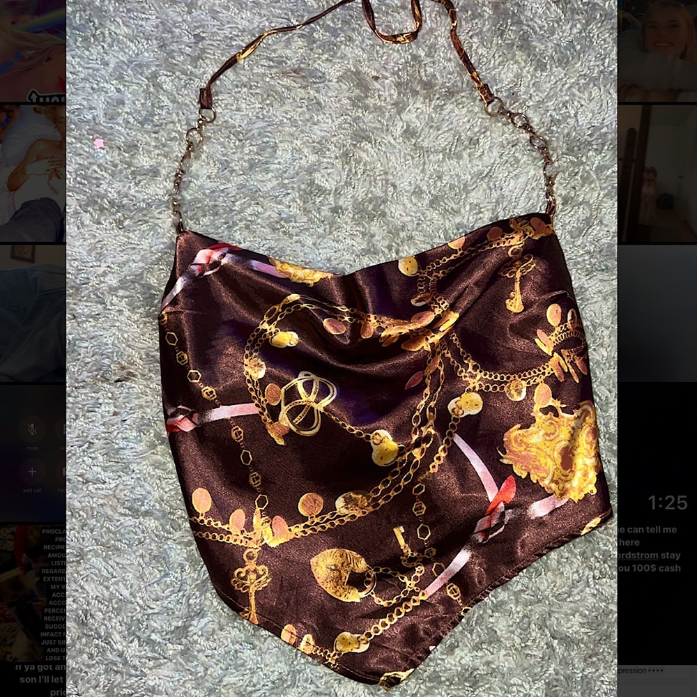 Neck tie / cropped bandana top, satin material.